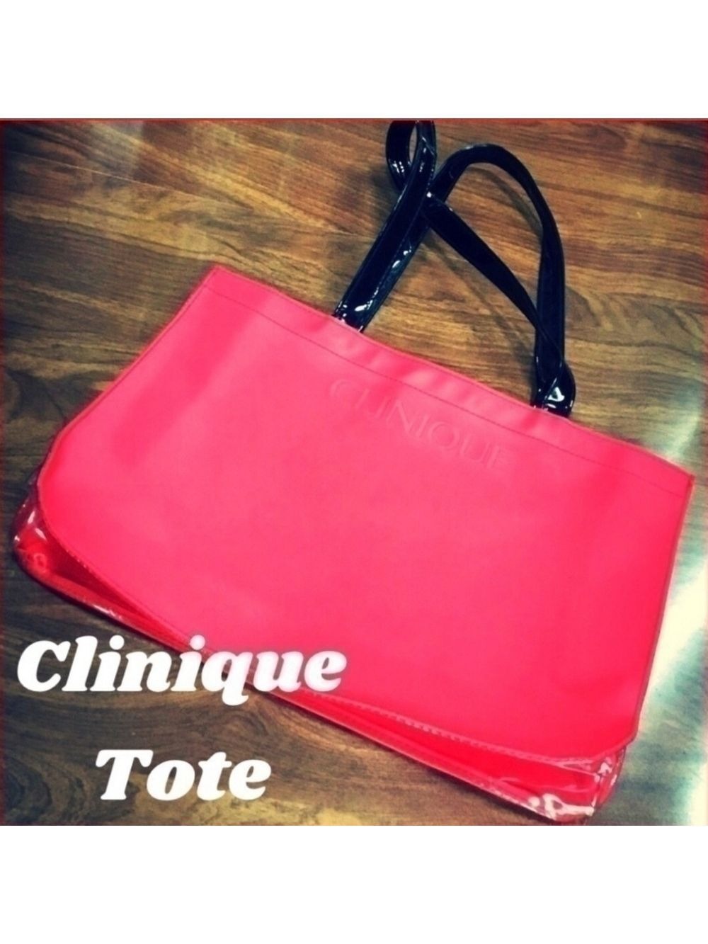 Clinique Red Tote Bag Never Used 10 x 13 2 Straps Nylon Clear Bottom and Sides